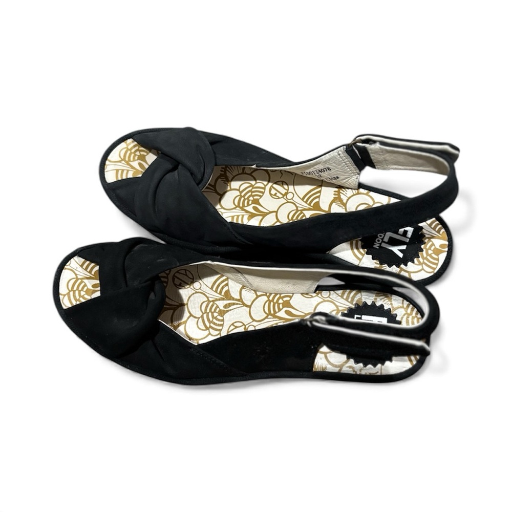 FLY LONDON Sandal black  Yata Knot Peep Toe Slingback Wedge Heel 38 US 8.5 - Picture 4 of 9